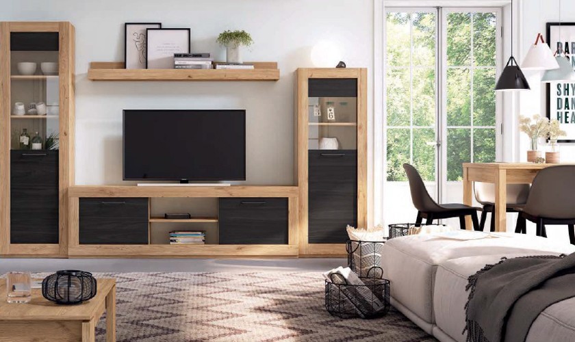 Conjunto de muebles de salón con mesa elevable en color madera natural con acabados en madera negro bocamina