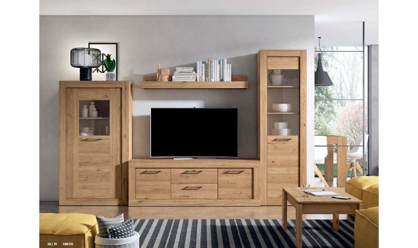 Conjunto de muebles de salón compuesto por mueble de TV con cuatro cajones y dos armarios en color madera natural
