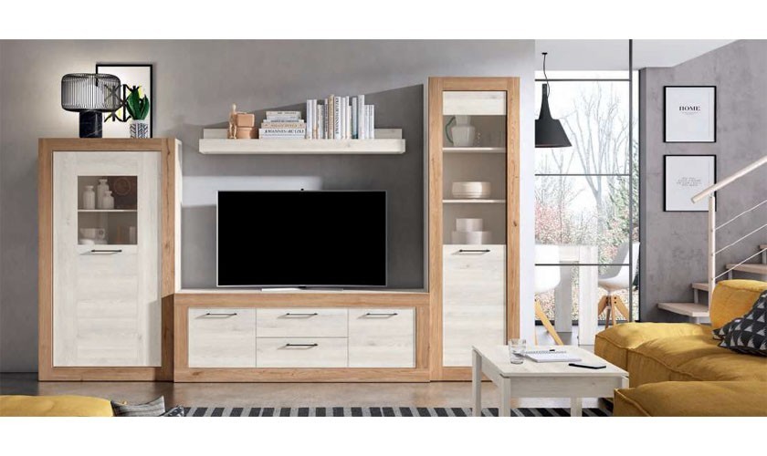 Conjunto de muebles de salón compuesto por mueble de TV con cuatro cajones y dos armarios en color madera blanco nordic