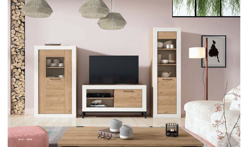 Conjunto de muebles de salón compuesto por mueble de TV con un cajón y dos armarios en color madera blanco mate