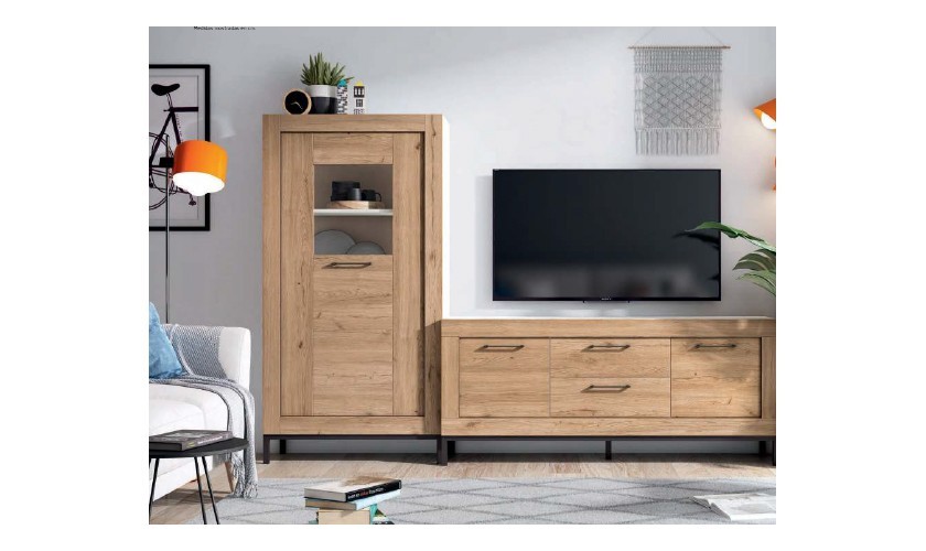 Conjunto de muebles de salón compuesto por mueble de TV con cuatro cajones y un armario en color madera natural