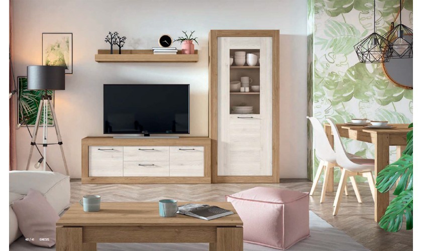 Conjunto de muebles de salón en color madera natural con acabados en blanco nordic