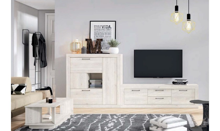 Conjunto de muebles de salón en color madera blanco nordic