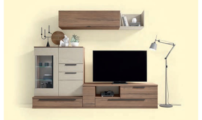 Mueble de comedor con estantería y vitrina en color madera marrón noce