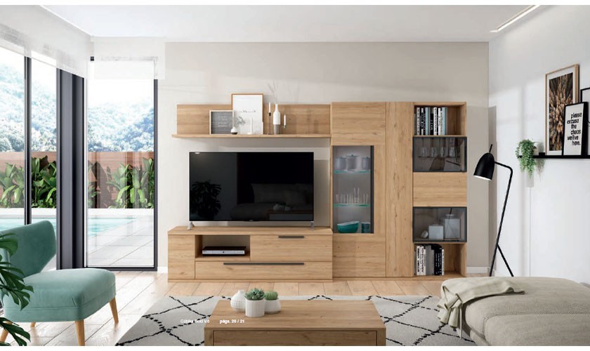 Mueble de comedor con estantería y tres vitrinas en color madera natural