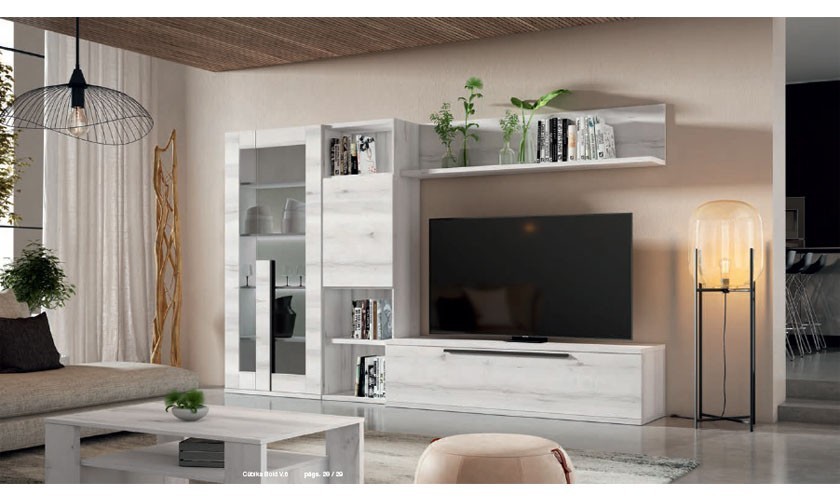 Mueble de comedor con vitrina doble y estanterías en color madera blanca albo