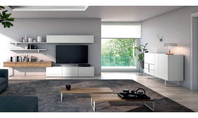 Mueble de TV con estanterías y un armario auxiliar en color madera blanca