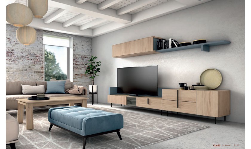 Mueble de TV  con estantería y cajones en color madera natural