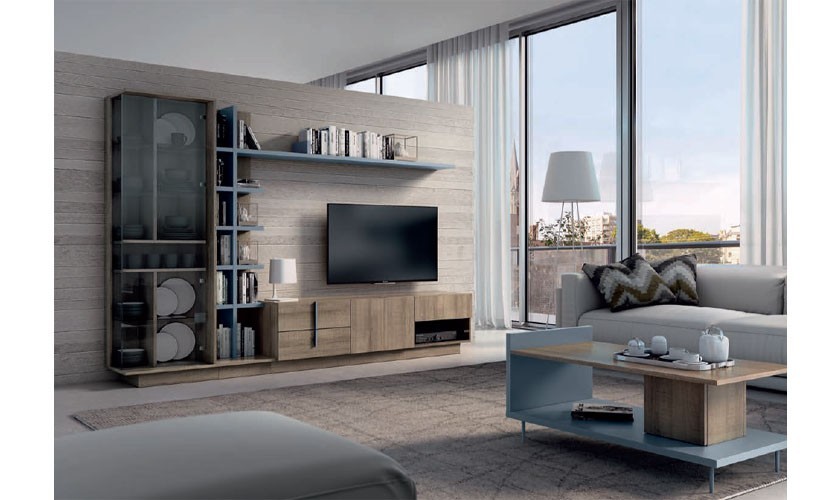 Mueble de TV con vitrina, estantería y cajones en color madera roble