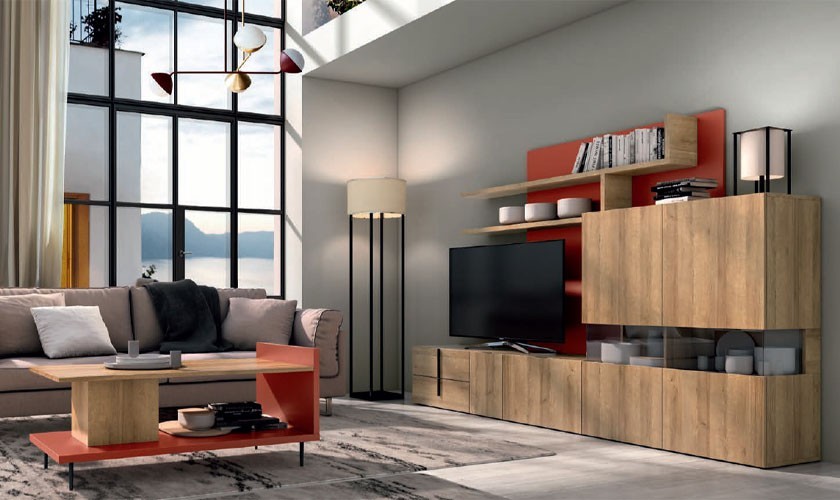Mueble de TV con estantería y cajones en color madera natural
