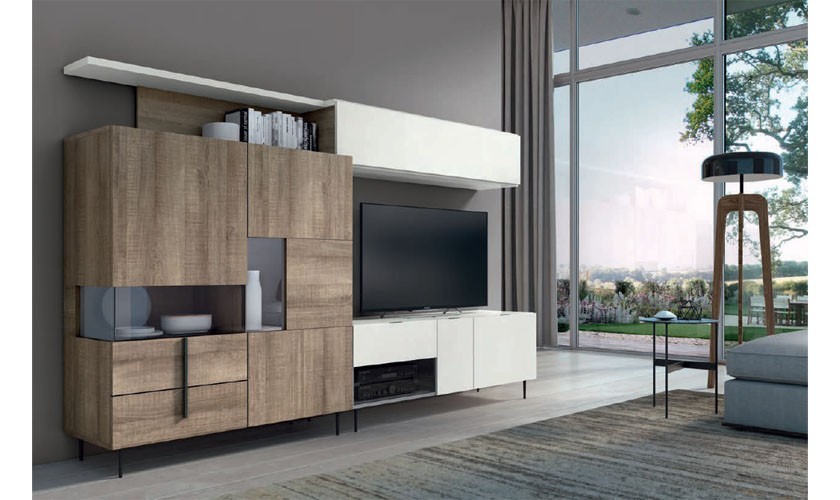 Mueble de TV con vitrina con cuatro puertas, estantería y cajones en color madera roble con acabados en color blanco