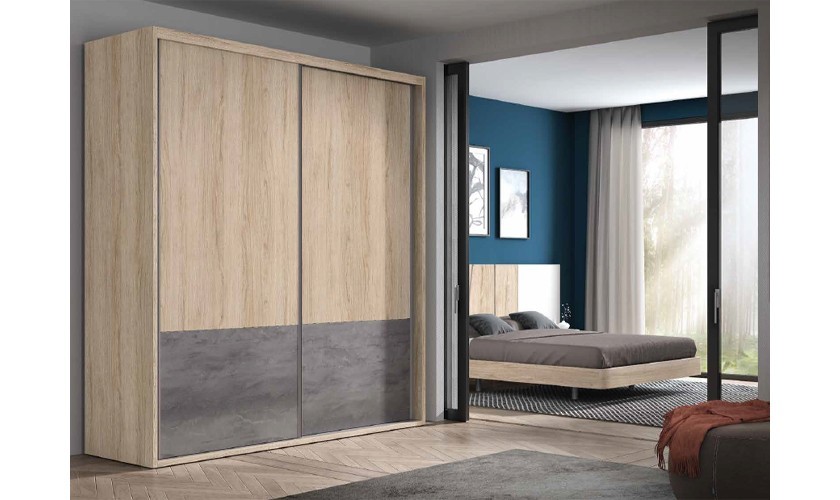 Armario con dos puertas correderas de color madera habana con acabados en gris luxor.