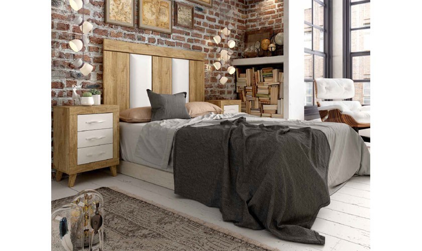 Dormitorio completo en polipiel blanco con acabado en madera