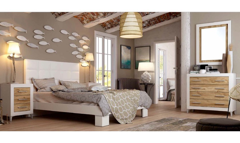 Dormitorio completo en polipiel blanco con acabado en madera mango
