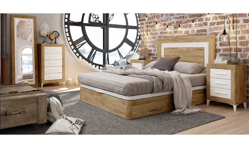 Dormitorio completo en madera blanca con acabado en madera mango