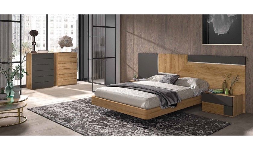 Dormitorio completo formado por cabecero de madera, dos cómodas y dos armarios