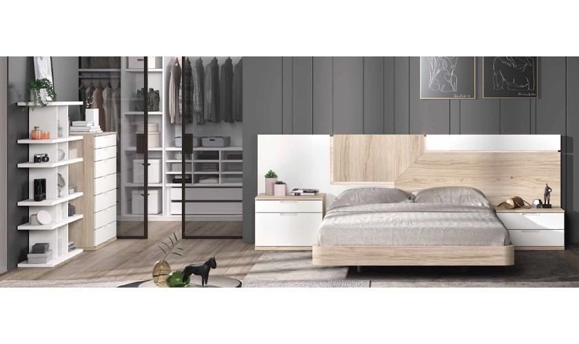 Dormitorio completo en madera blanca con acabados en madera vintage