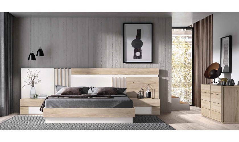Dormitorio completo compuesto por cabecero, cómodas y cómoda