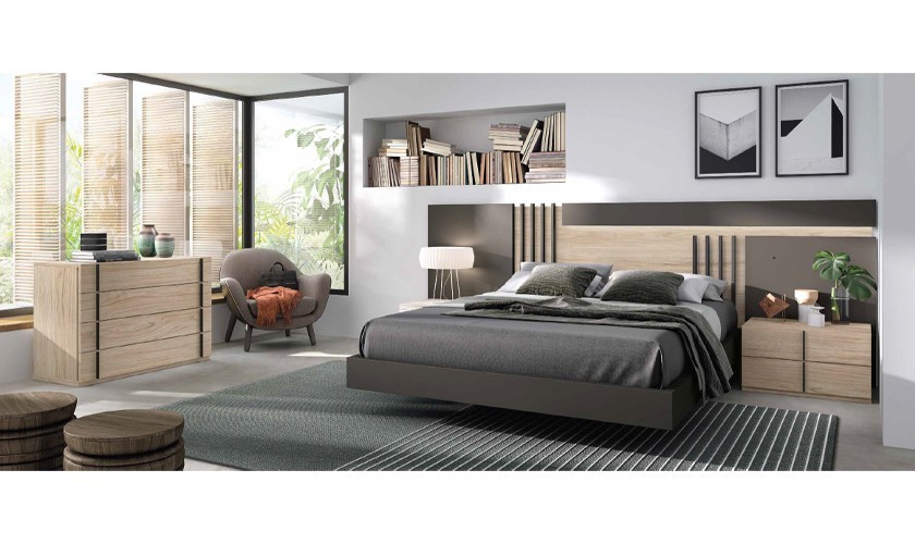 Dormitorio completo compuesto por cabecero, canapé, mesitas y cómoda