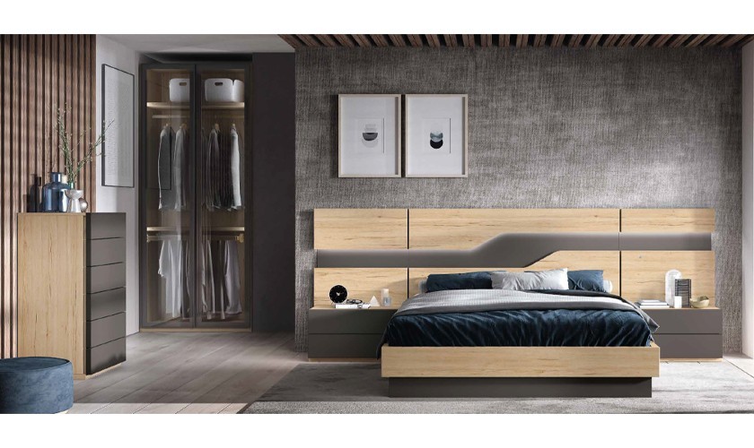 Dormitorio completo compuesto de cabecero, canapé con dos mesitas y cómoda en madera arios con acabados en color pizarra lacado