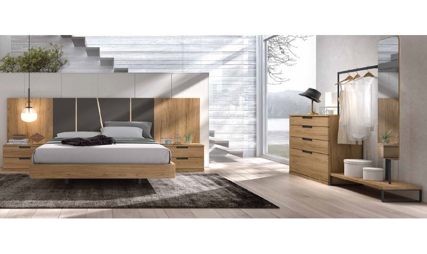Dormitorio completo compuesto de cabecero, canapé con dos mesitas y cómoda  en madera con acabados en color pizarra lacado