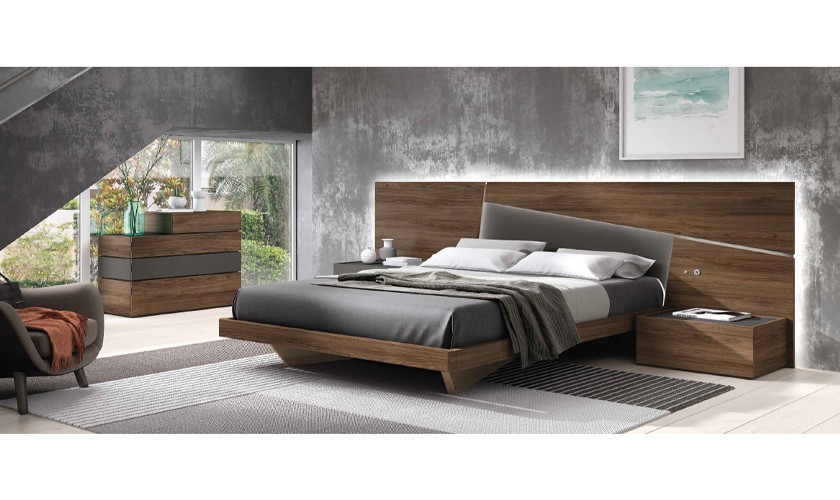 Dormitorio completo compuesto de cabecero, canapé, dos mesitas y cómoda en madera legend y acabados en color pizarra lacado