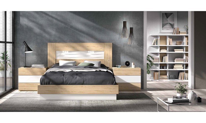 Dormitorio completo en madera blanca con acabados en madera habana