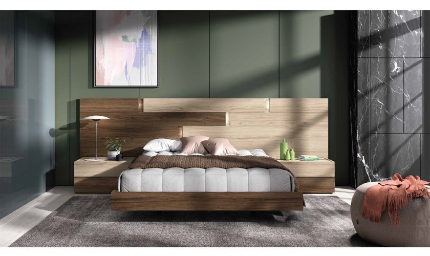 Dormitorio completo compuesto de cabecero, canapé y dos cómodas en madera con acabados en varios tonos