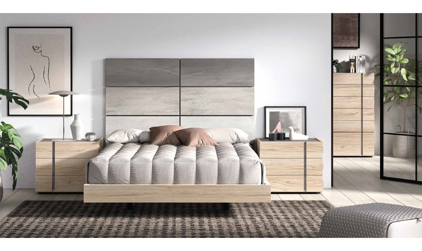Dormitorio completo compuesto de cabecero, canapé con dos mesitas y comodín en madera en varios acabados