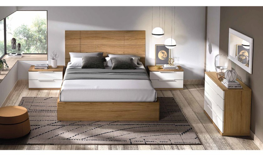 Dormitorio  compuesto de cabecero, canapé con dos mesitas y cómoda  en madera con acabados en blanco lacado