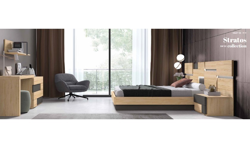 Dormitorio completo con cabecero, canapé, dos mesitas y mesa con cómoda en madera con acabados en pizarra lacado