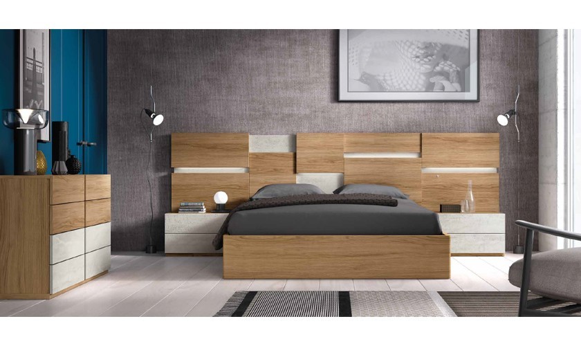 Dormitorio completo compuesto de cabecero, canapé, dos mesita y cómoda en madera con acabados en blanco mármol