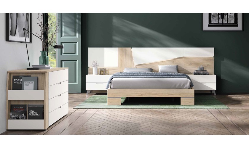 Dormitorio completo compuesto de cabecero, dos mesitas y cómoda en madera blanca y con acabados en madera habana