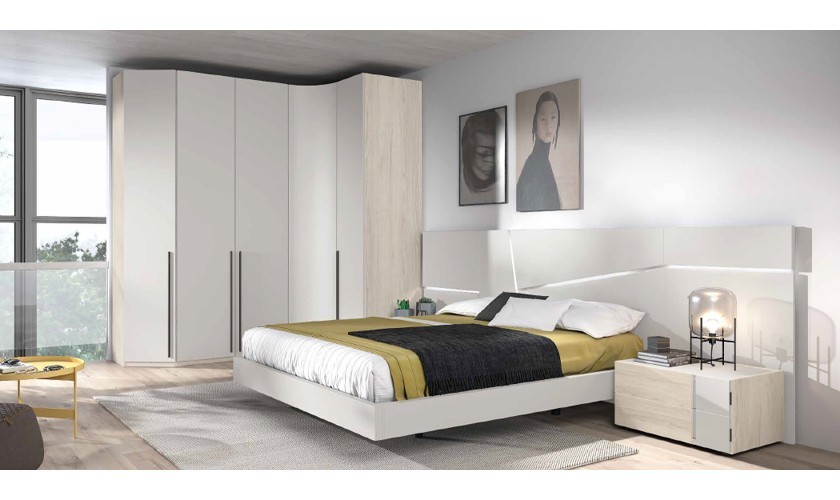 Dormitorio completo compuesto de cabecero, canapé, dos cómodas y armario en madera con acabados en gris lacado