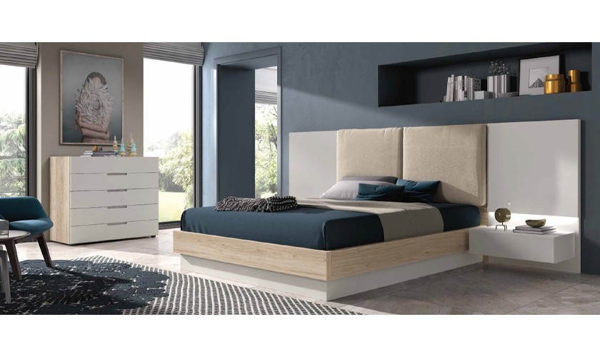 Dormitorio con tapizado babel, madera blanca y acabados en gris lacado