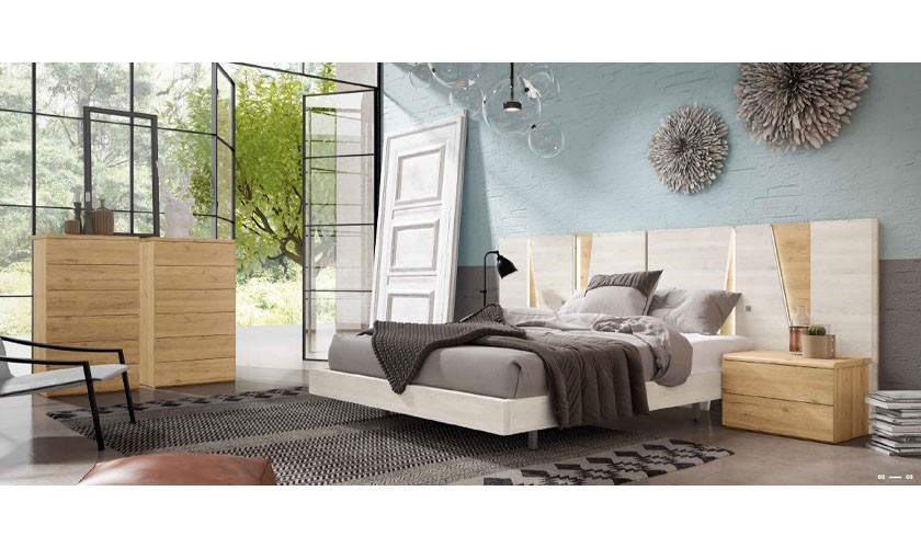 Dormitorio completo formado por cabecero, somier, mesita y dos sinfonier de color madera natural con acabados en blanco nordic