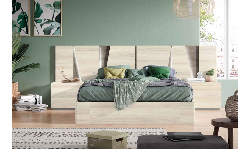 Dormitorio completo formado por cabecero, somier y dos mesitas de color madera shamal con acabados en gris roca