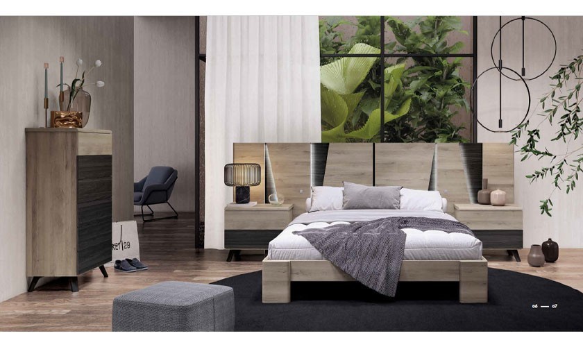 Dormitorio completo en color madera shamal con acabados en gris hierro