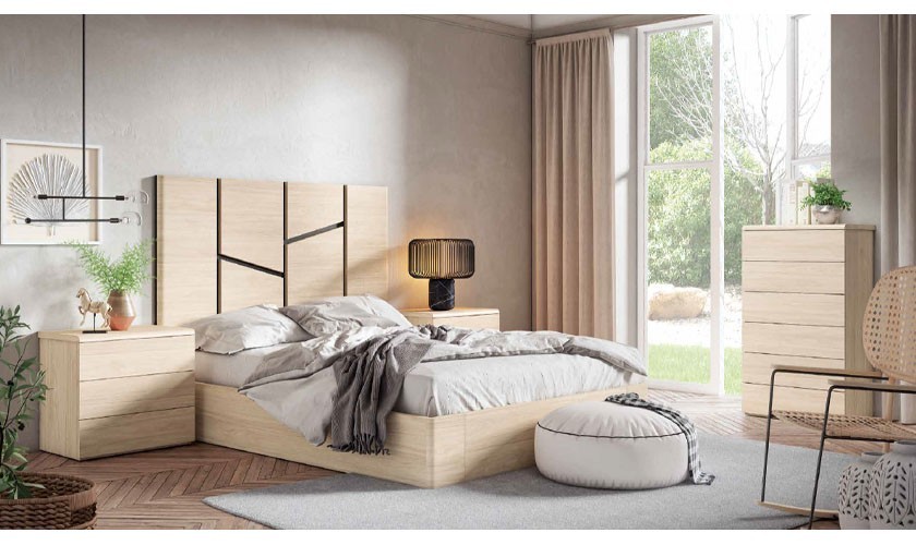 Dormitorio completo de color madera natural con acabados en negro bocamina