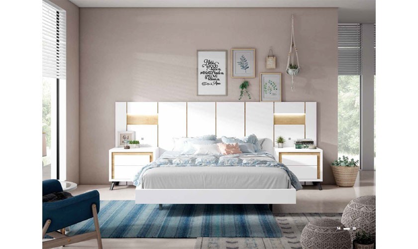 Dormitorio completo formado por cabecero, somier y dos mesitas de color madera blanco mate con acabados en madera bora