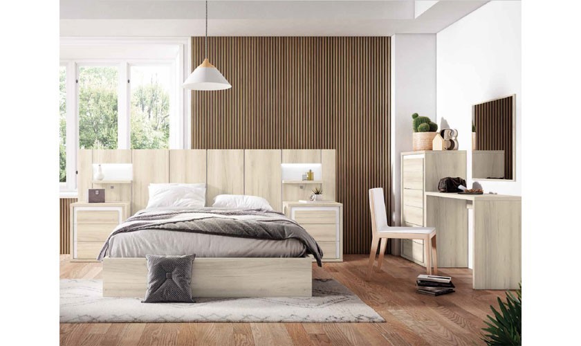 Dormitorio completo en color madera shamal con acabados en madera blanca mate