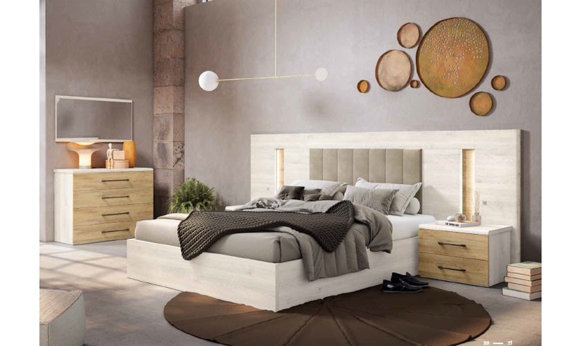 Dormitorio completo formado por cabecero, somier y dos mesitas de color madera blanco nordic con acabados en velvet tapizado