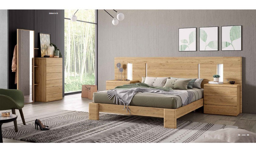 Dormitorio completo en color madera natural con acabados en blanco mate