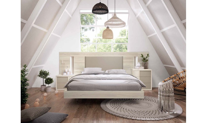Dormitorio completo formado por cabecero, somier y dos mesitas en color madera shamal con acabados en gris chic