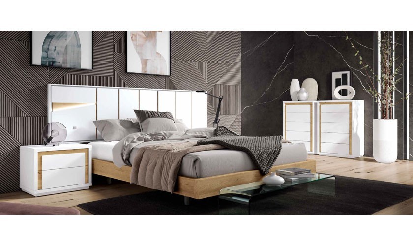 Dormitorio completo en madera color blanco mate con acabados en madera color natural