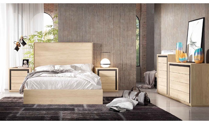 Dormitorio completo en color madera natural con acabados en madera color negro bocamina