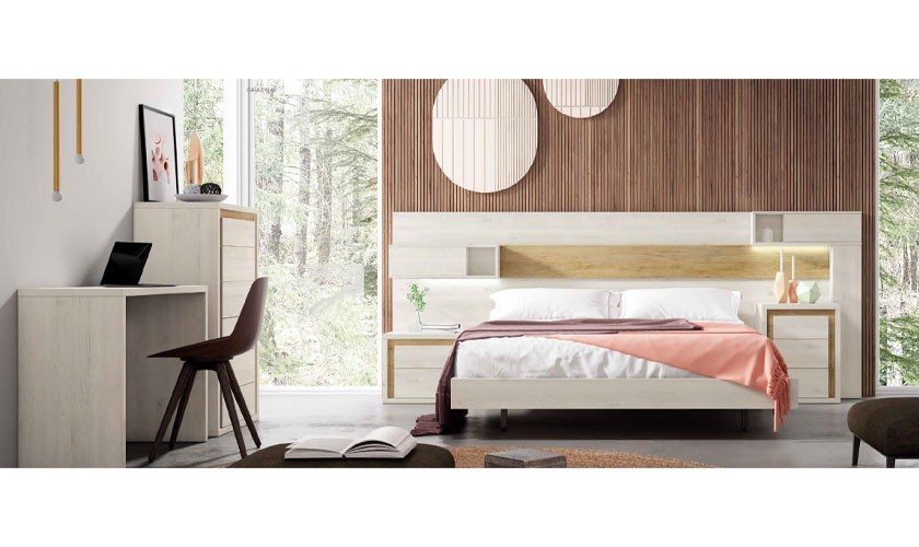 Dormitorio completo en color madera blanco nordic con acabados en madera natural