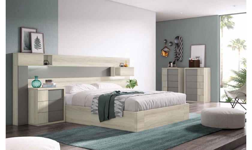 Dormitorio completo en color madera shamal con acabados en madera gris tormenta