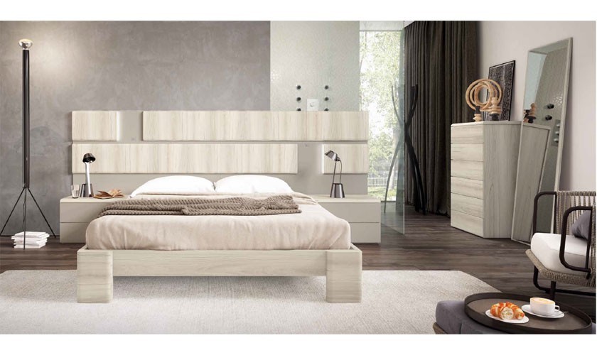 Dormitorio completo formado por cabecero, canapé, dos mesitas. un armario sinfonier y un espejo de color madera visón