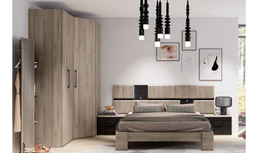 Dormitorio completo formado en color madera iron con acabados en negro bocamina